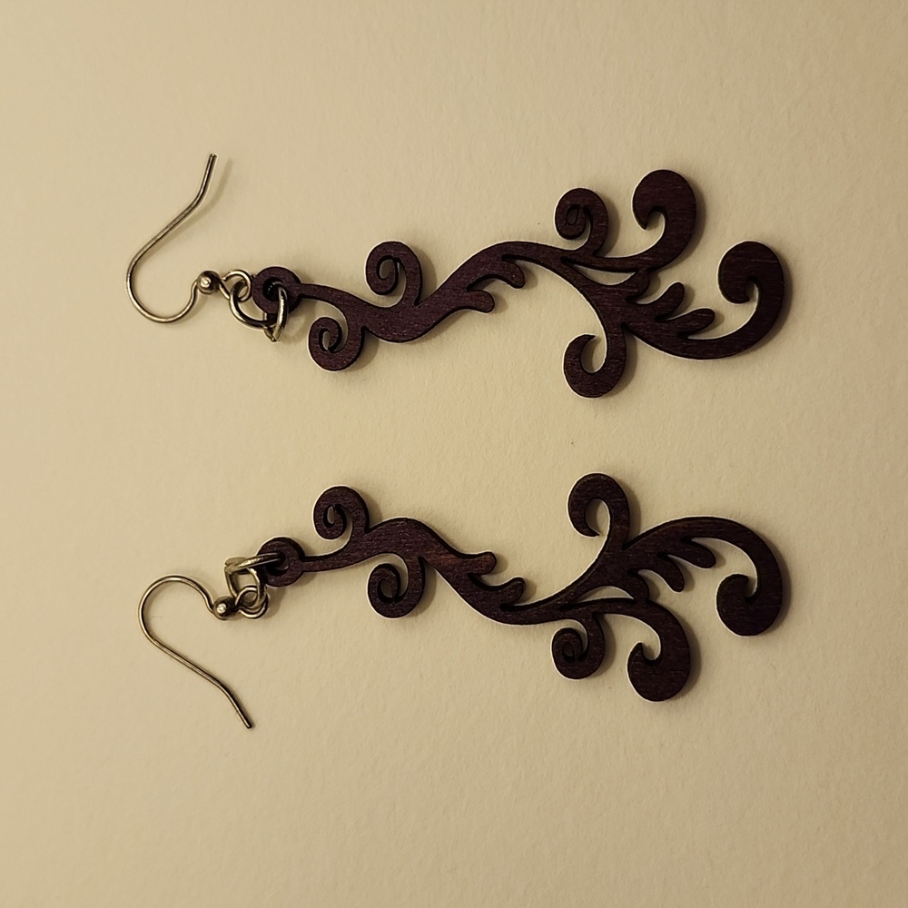 Laser cut scroll design wood earrings